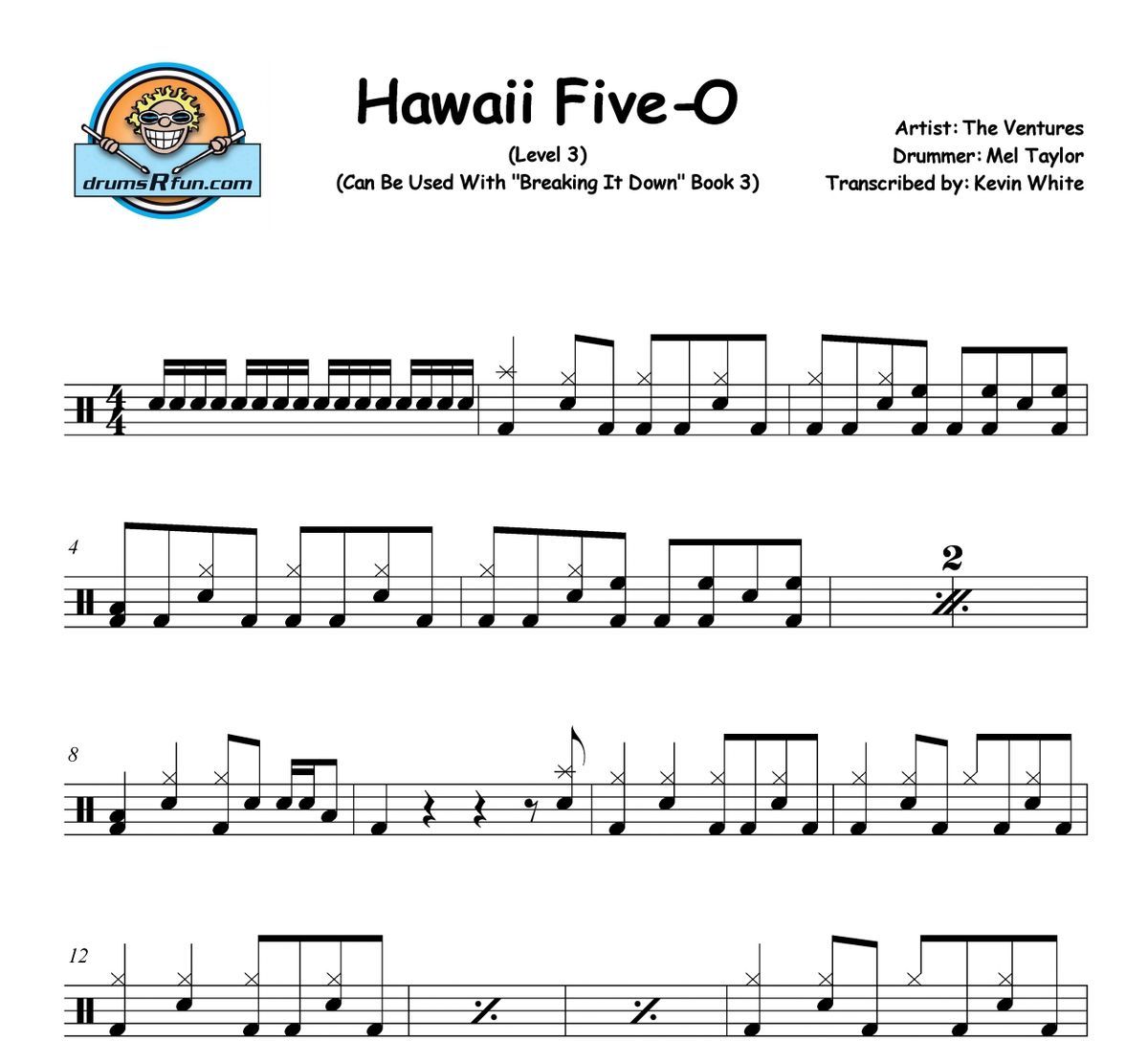 The Ventures, Hawaii FiveO Drum Transcription Level 3